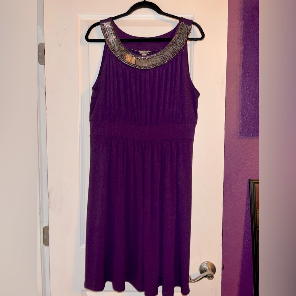 Purple beaded neck empire midi dress 2x